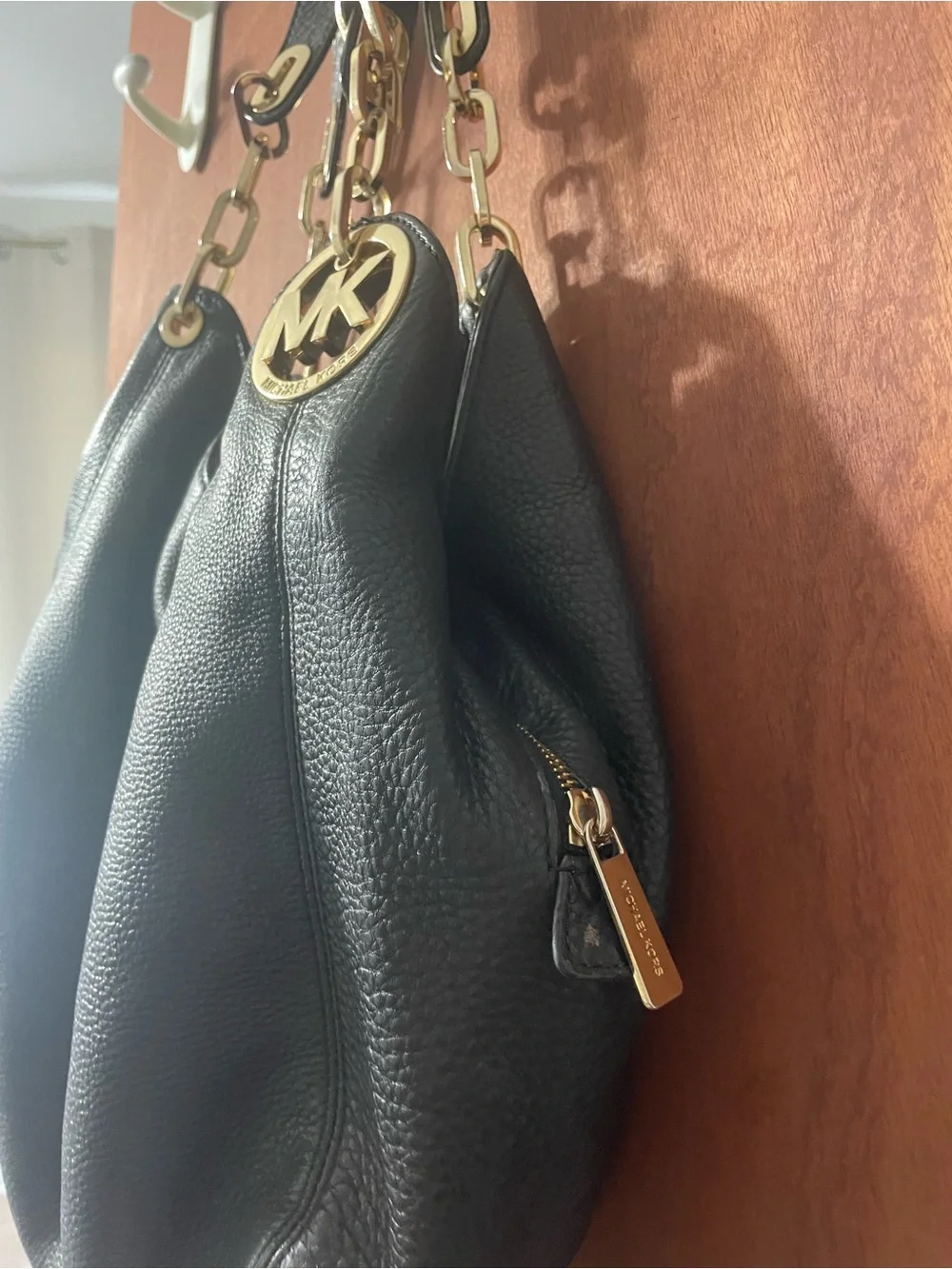 Wow! Michael Kors Black Leather Shoulder Hobo with Gold Logo Charm